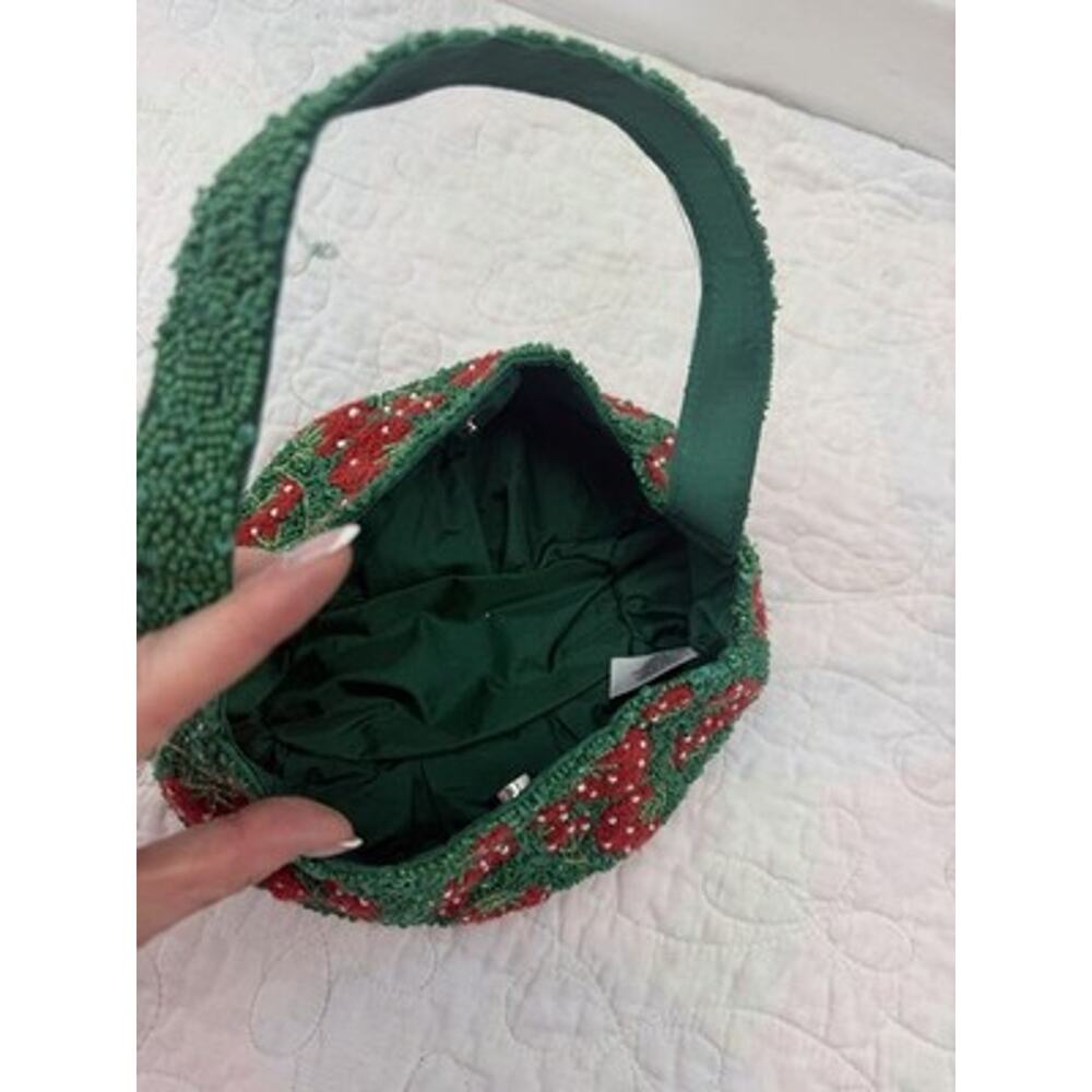 Green Red Strawberry Beaded Sequin Lined Bag Purse Snap Silver cutesy feminine - Picture 6 of 14